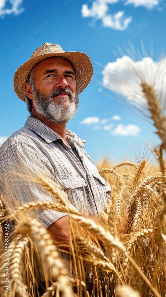 Portrait of a dedicated farmer in a golden wheat field under a bright blue sky with fluffy clouds Portrait of a dedicated farmer in a golden wheat field under a bright blue sky with fluffy clouds