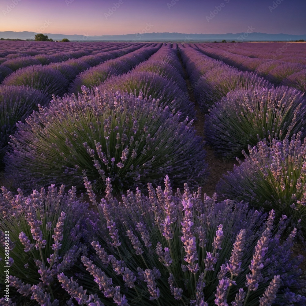 Obraz premium A breathtaking view of a lavender field stretching to the horizon under a twilight sky.