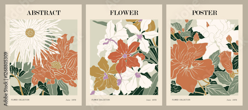 Set of abstract Flower Market posters. Trendy botanical wall arts with floral design in pastel colors. Modern naive groovy funky interior decoration, painting. Fine art print. Vector art illustration.
