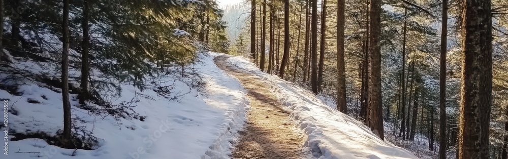 Winter hiking trail winding through serene snow-covered forest in late afternoon sunlight Winter hiking trail winding through serene snow-covered forest in late afternoon sunlight