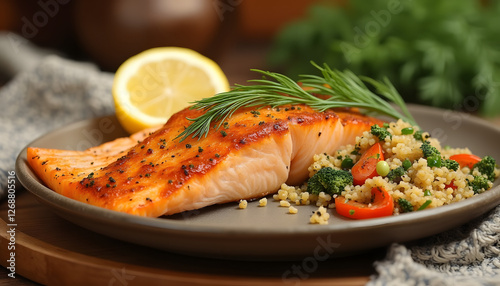 Wallpaper Mural Baked salmon with lemon and dill, served on a plate with a side dish of quinoa and vegetables, on the background of a cozy home interior Torontodigital.ca