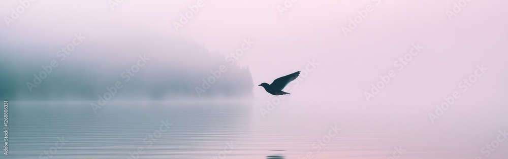 Silhouette of a bird soaring gracefully over a misty lake during dawn Silhouette of a bird soaring gracefully over a misty lake during dawn