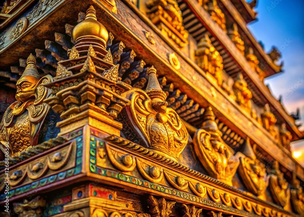 Fototapeta premium Ancient Aramaic Word Cloud: Buddhist Temple Macro Photography