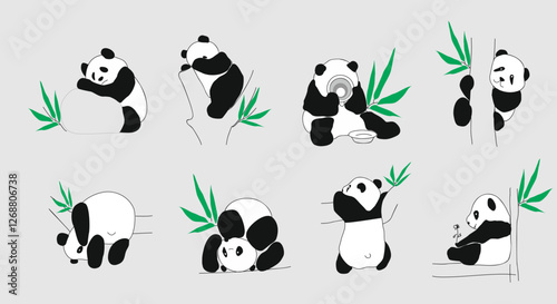 Set of cute panda bear in different activities, eating, sitting, rolling, hanging on the tree branch. Flat vector illustrations isolated