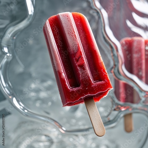 Summer's Sweet Escape: A Vibrant Red Popsicle with a Creamy Center, Melting Delightfully on a Bed of Crushed Ice.
