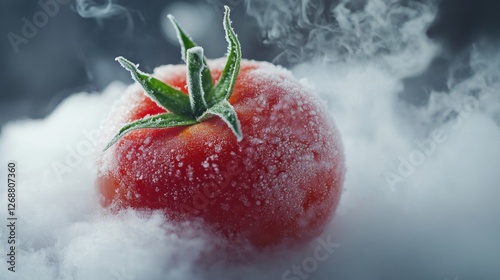 A liquid nitrogen-cooled tomato snack for a dramatic effect, thick cold mist swirling around, frost-covered texture, high-speed cinematic presentation