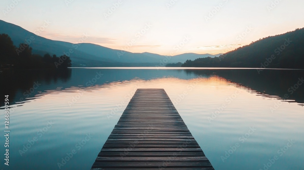 Obraz premium Serene Wooden Pier Extending Into Calm Lake at Sunset
