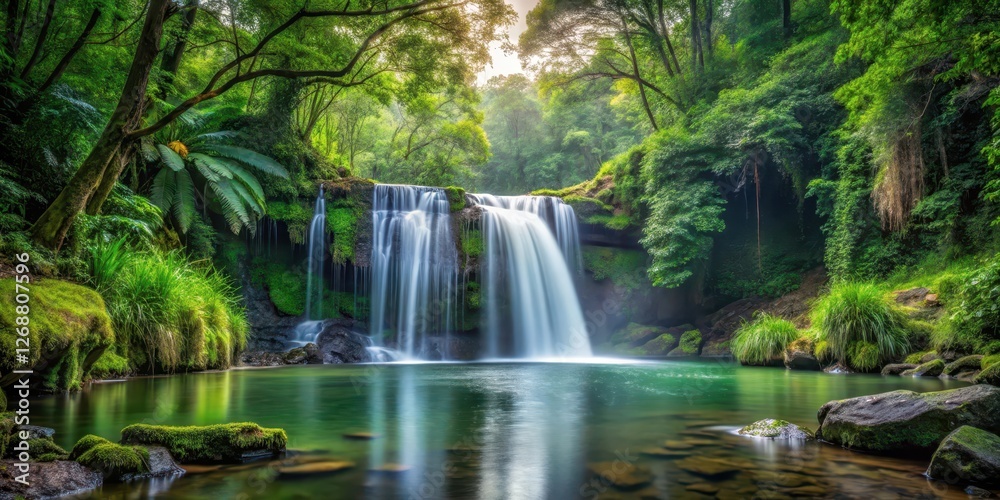 waterfall in isolated forest clearing, peaceful, solitude, peaceful, solitude, foliage, forest, waterfall, green waterfall in isolated forest clearing, peaceful, solitude, peaceful, solitude, foliage, forest, waterfall, green