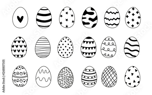 Decorations and patterns on easter eggs showcased in a simple black and white design with festive elements
