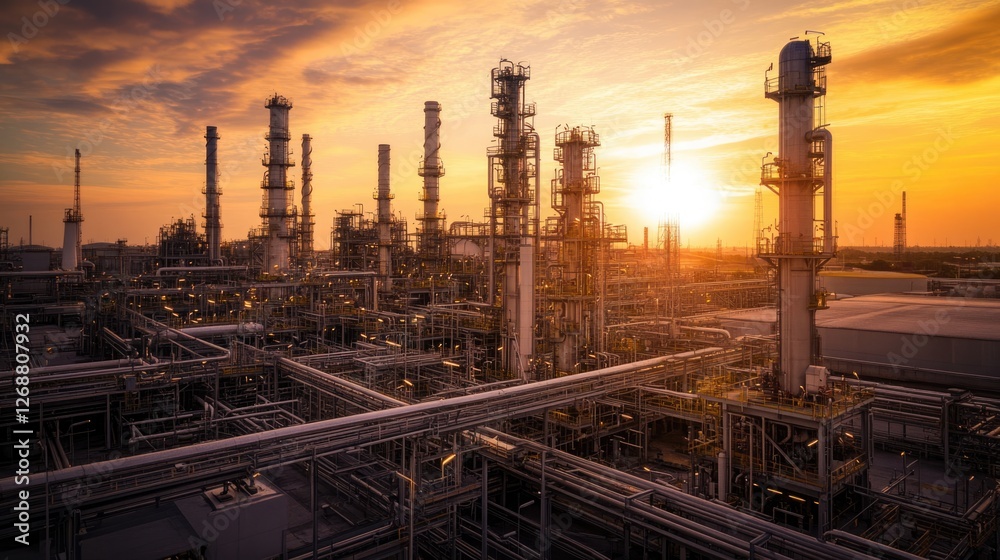 Industrial Sunset: A Complex of Refining Towers and Pipelines Industrial Sunset: A Complex of Refining Towers and Pipelines