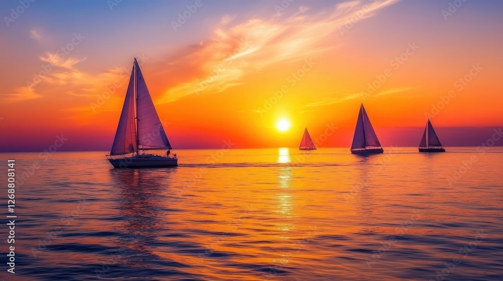 Fototapeta premium Vibrant sunset illuminates calm ocean with sailing boats in the distance