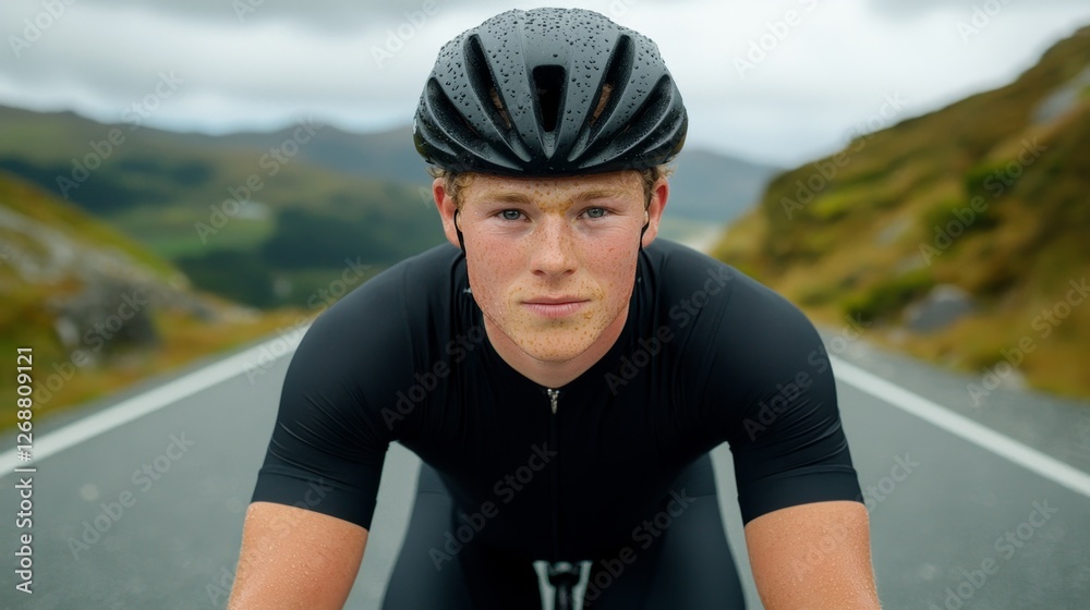Young Cyclist Overcoming Challenges on a Scenic Route Under Rainy Skies in Adventure Landscape Young Cyclist Overcoming Challenges on a Scenic Route Under Rainy Skies in Adventure Landscape