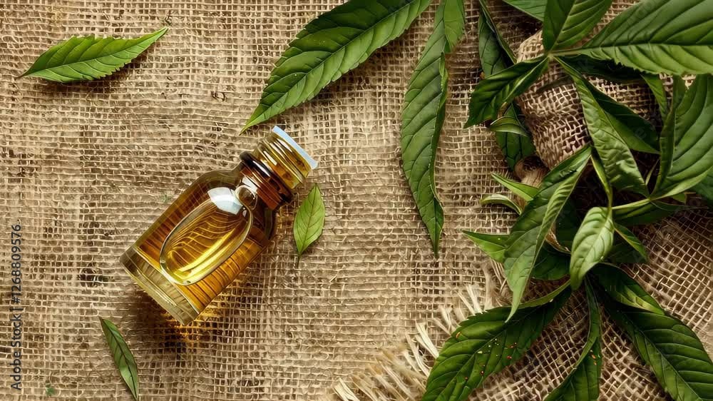 neem essential oil on burlap background