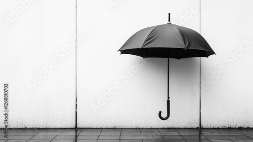 Black umbrella hanging on a white wall in a minimalistic setting during a cloudy day. Generative AI