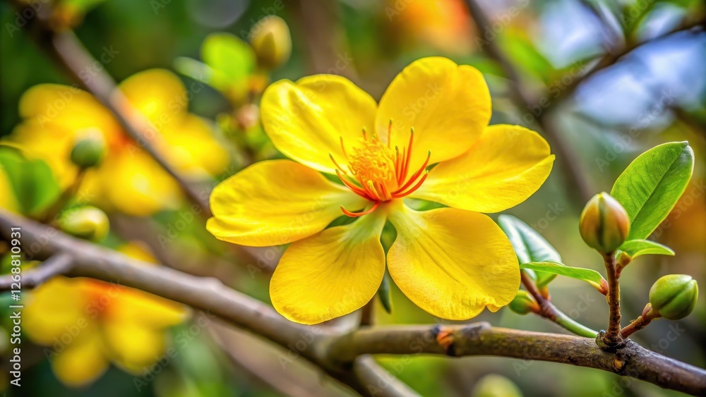 Obraz premium Close-up of Ochna Integerrima Flower, Yellow Bloom Detail, flower closeup, garden, flower closeup, garden, yellow, flora