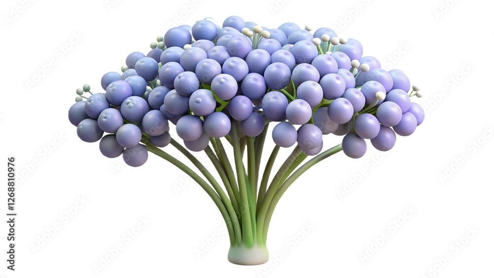 Obraz premium Cartoon-style representation of a plant with numerous round, purple fruits or flowers arranged in a dense cluster. The plant has a central stem with several green stems extending outward