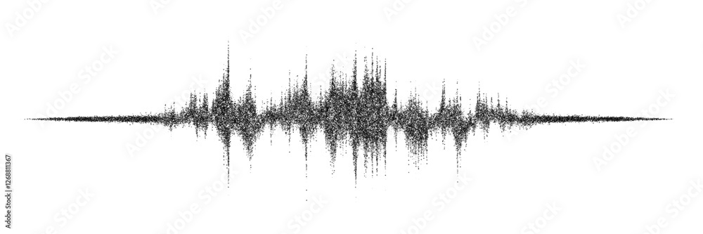 Music soundwave or sound wave with vector abstract grain dot effect. Noise grain soundwave or sound signal and equalizer frequency in halftone dust sand effect