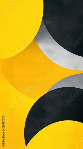 Abstract composition features overlapping circles in yellow black and gray