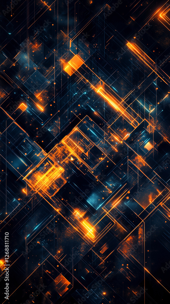 Fototapeta premium Ultra-modern geometric phone wallpaper, glowing neon blue, gold, orange shapes, sleek black background, futuristic cyberpunk design with motion, intricate patterns, mobile phone abstract background