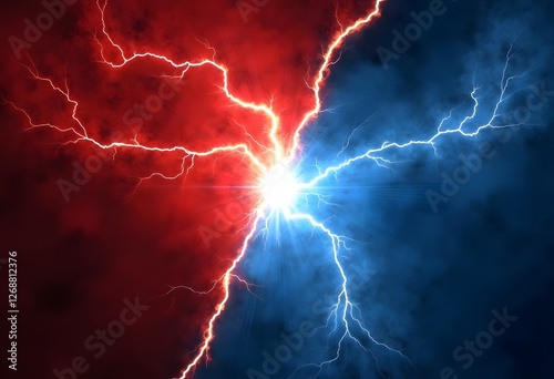 Versus label with lightning effect. Vector illustration with bright thunderstorms and shining lightnings. VS symbol on dark blue and red background.
