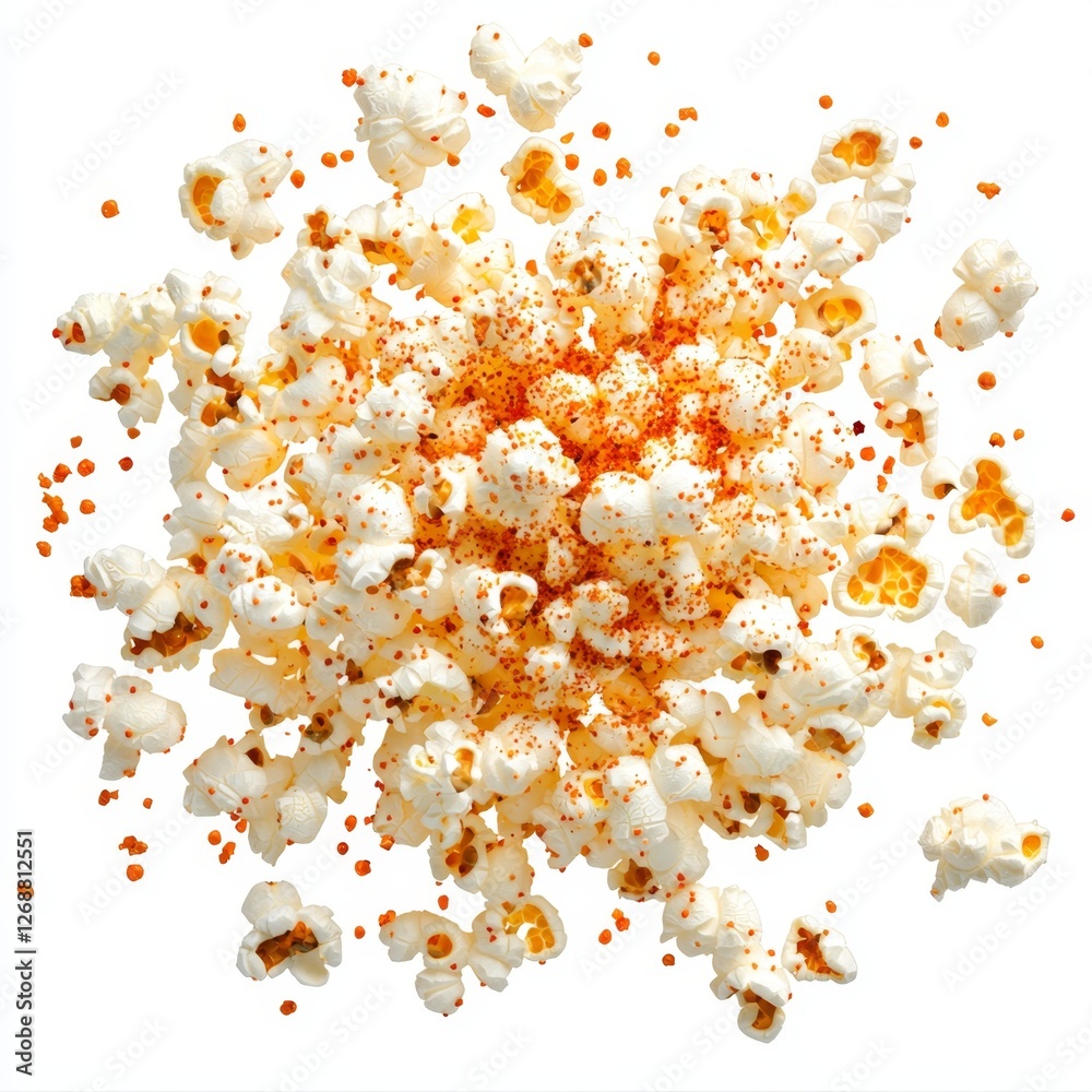 Aerial view of a burst of fluffy popcorn scattered with vibrant orange seasoning on a white background Aerial view of a burst of fluffy popcorn scattered with vibrant orange seasoning on a white background