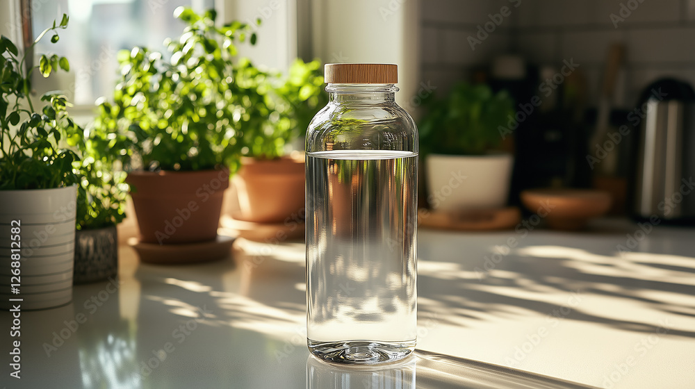 Clear glass bottle filled with water sits on a kitchen counter surrounded by vibrant green plants in the warm afternoon sunlight. Generative AI Clear glass bottle filled with water sits on a kitchen counter surrounded by vibrant green plants in the warm afternoon sunlight. Generative AI
