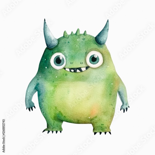 Watercolor illustration of a cute little green monster isolated on white background.