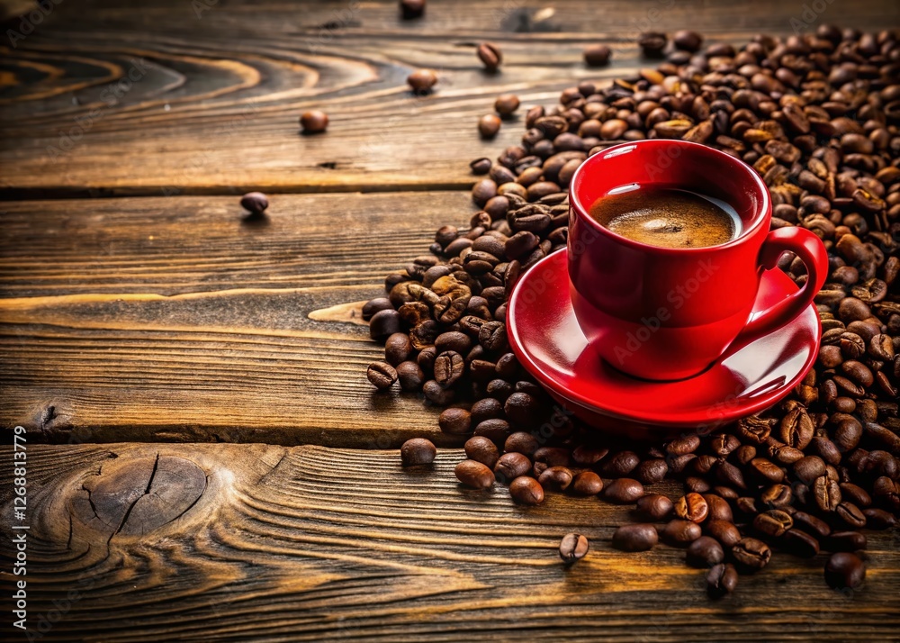 Aromatic Red Coffee Cup & Beans on Rustic Wood: Stock Photo Aromatic Red Coffee Cup & Beans on Rustic Wood: Stock Photo