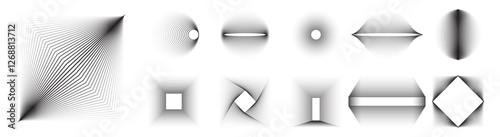 Line transition geometric shapes with halftone effect. Vector line transition shape objects and geometric elements with abstract distortion gradient
