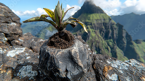 Mountaintop plant, rocky terrain, scenic vista, nature photography
