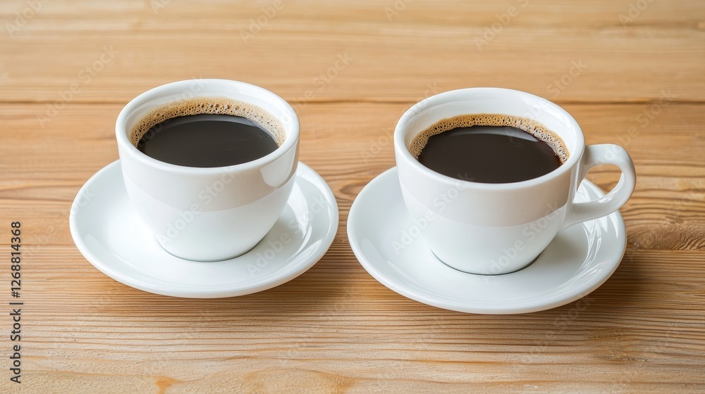 Two White Ceramic Coffee Cups on Wooden Table Surrounded by Natural Light and Warm Atmosphere Two White Ceramic Coffee Cups on Wooden Table Surrounded by Natural Light and Warm Atmosphere