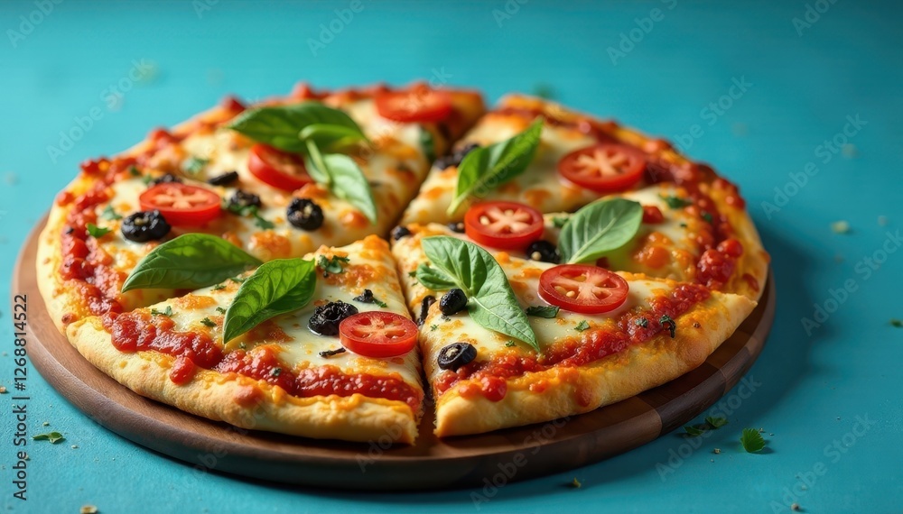 Crispy crust, colorful veggie pizza on blue backdrop, ingredients, pizza Crispy crust, colorful veggie pizza on blue backdrop, ingredients, pizza