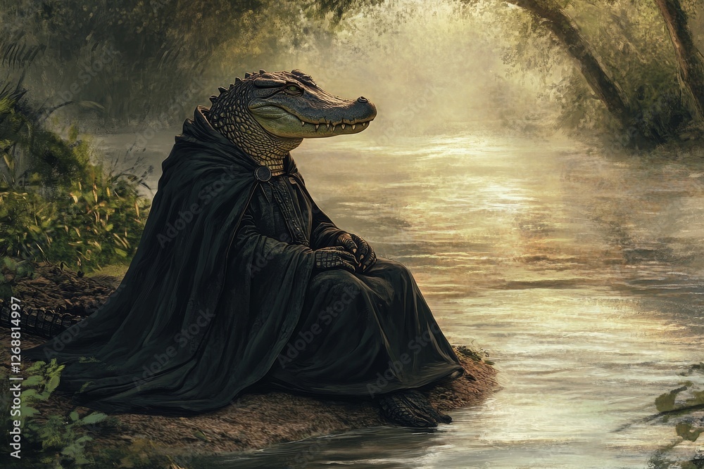 Naklejka premium Alligator in robe near peaceful river water.