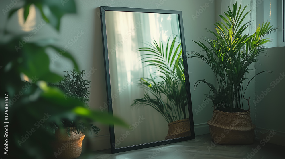 Stylish indoor space featuring a large mirror and lush green plants creating a relaxing atmosphere in natural light. Generative AI