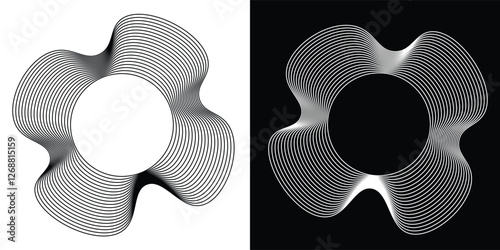 Round sound wave frames, circular lines pattern, radial curvy shapes, geometric concentric design.