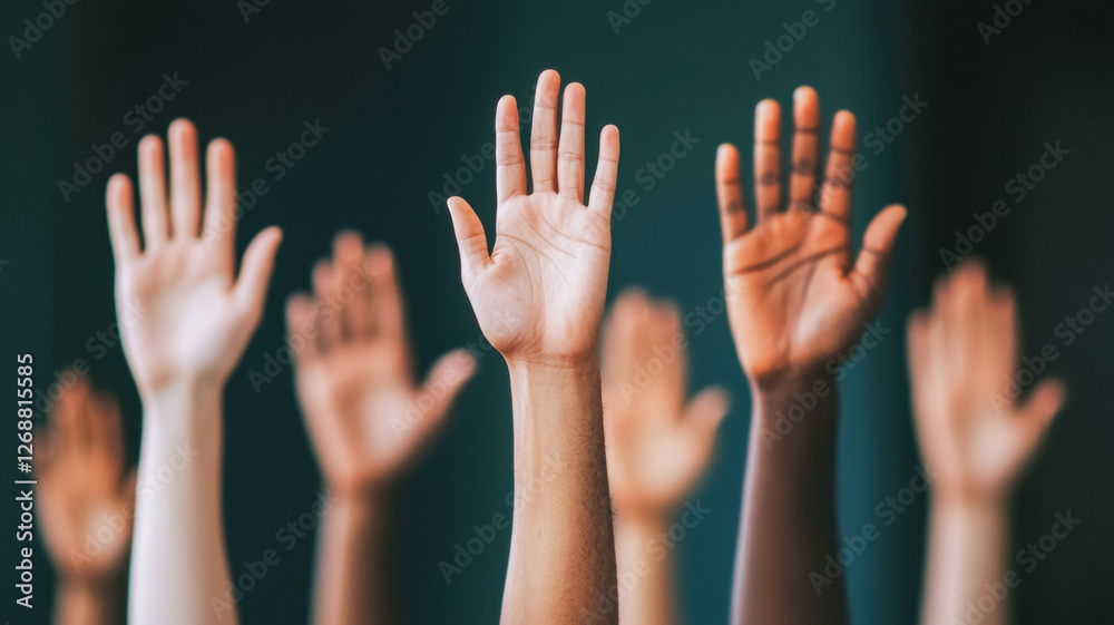 A diverse group of hands raised in a gesture of participation or support, symbolizing unity and engagement. A diverse group of hands raised in a gesture of participation or support, symbolizing unity and engagement.