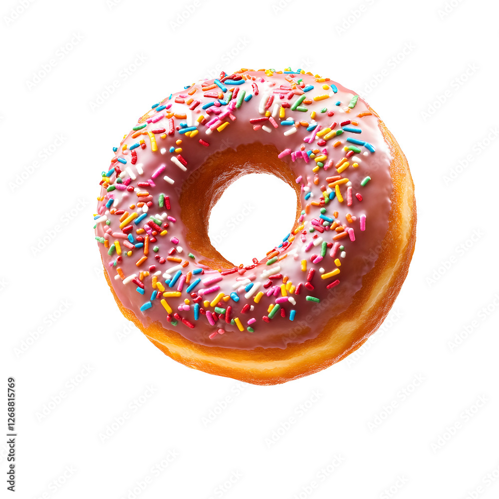 A vibrant pink donut topped with colorful sprinkles, showcasing a delicious glazed finish. Perfect for a sweet treat. A vibrant pink donut topped with colorful sprinkles, showcasing a delicious glazed finish. Perfect for a sweet treat.