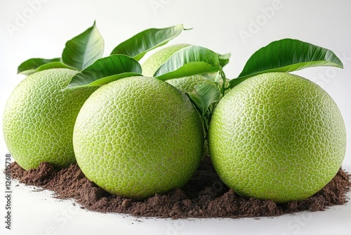 Three Green Osage Oranges with Leaves on Dark Crumbs Against White Background photo