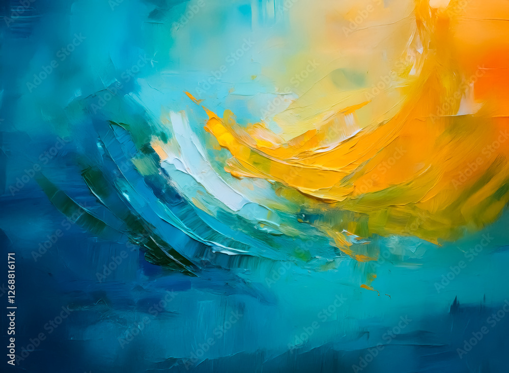 Fototapeta premium Abstract painting with vibrant colors. Bold brushstrokes in shades of blue, teal, and orange create a dynamic and flowing composition.