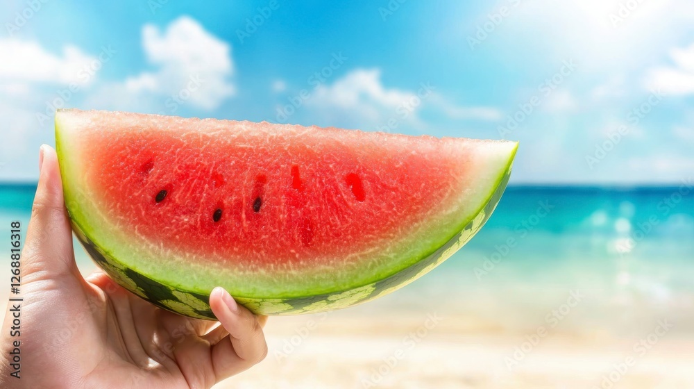 Hand Holding a Watermelon Slice on a Sunny Beach Hand Holding a Watermelon Slice on a Sunny Beach