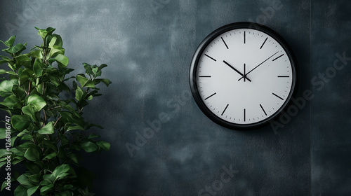 Wallpaper Mural Modern wall clock hanging on textured wall with green plant nearby, creating a peaceful and stylish interior decor in afternoon light. Generative AI Torontodigital.ca