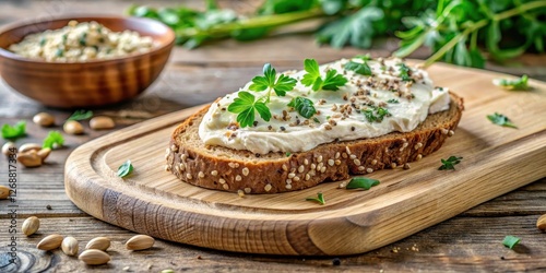 Delicious vegan cashew cheese spread on a crunchy seeded sourdough bread slice