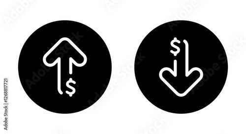 Dollar arrow up and down outline icon on black circle.  USD increase and decrease sign symbol