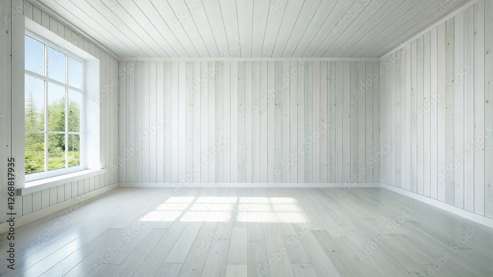 Obraz premium Minimalist Empty Room: White Wooden Walls & Floor, Copyspace for Design Inspiration