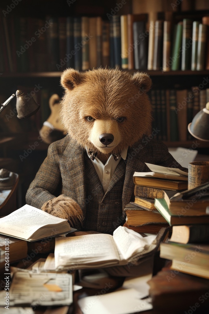 Bear reads books in a library. Bear reads books in a library.