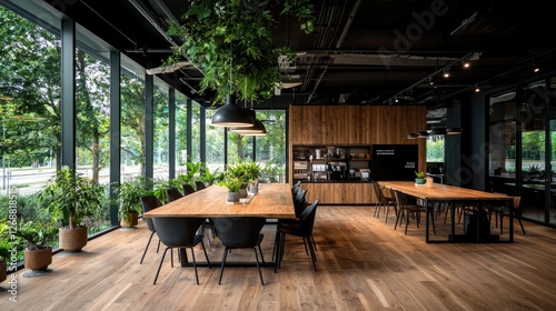 Modern office interior design, plants, large windows, city view, meeting area