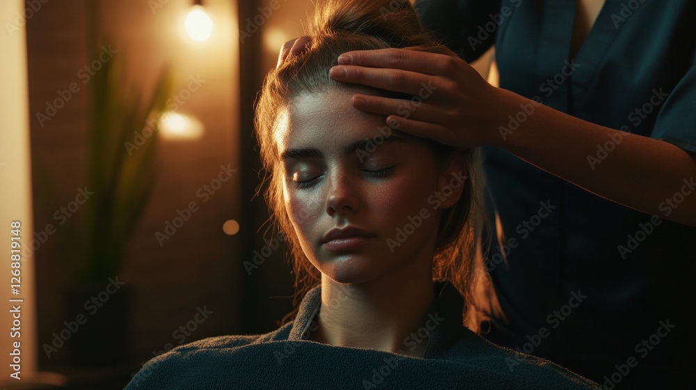 Fototapeta premium A skilled masseuse gently performs a head massage, creating a serene atmosphere. Soft lighting enhances the calming experience in a cozy spa, promoting relaxation and tranquility