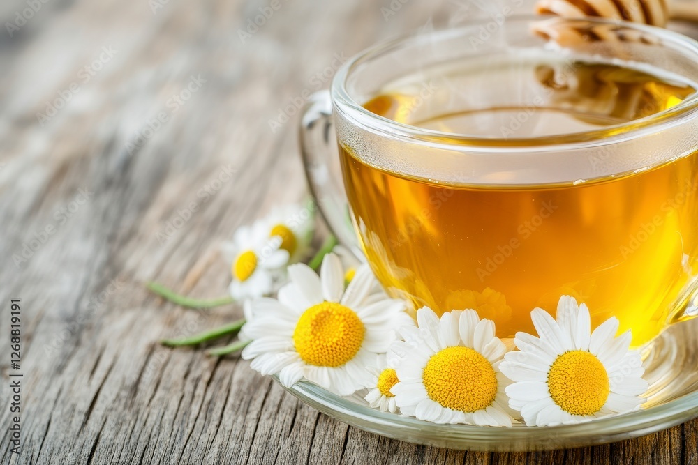 Warm Chamomile Tea with Fresh Flowers on Rustic Wood Warm Chamomile Tea with Fresh Flowers on Rustic Wood