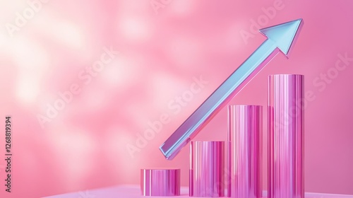 Pink Glass Bar Graph with Rising Arrow Growth Success and Financial Increase Concept