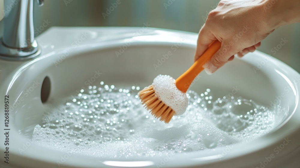 A male adult diligently scrubs a toilet bowl using a brush, showcasing attention to detail in a clean bathroom setting
